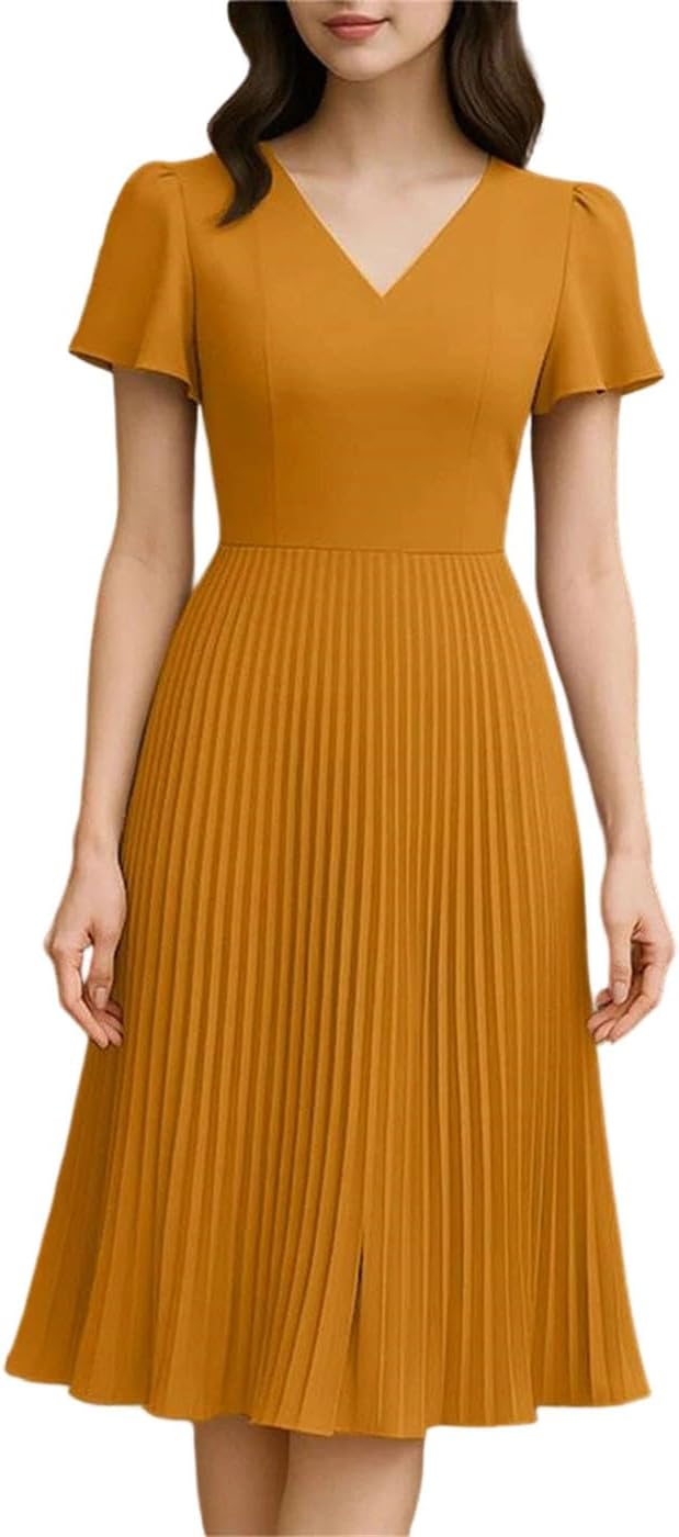 Women's Summer V Neck Solid Color Pleated Dress Short Sleeve A Line Party Elegant Office Work Dresses