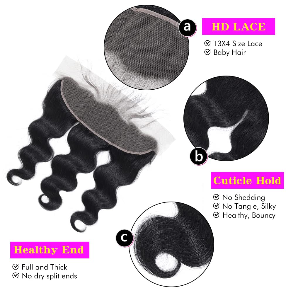 13x4 Lace Frontal Closure Body Wave Frontal Ear to Ear HD Lace Frontal Human Hair 100% Brazilian Virgin Human Hair Closure 12 Inch Frontals Hair Pieces for Women Free Part 150% Density