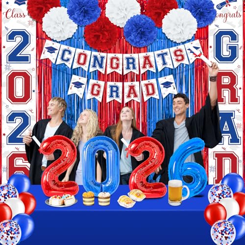 Image of Graduation Party Decorations Class of 2026, Graduation Decorations with Congrats Grad Banner Fringe Foil Curtain Paper Flower Ball Balloons for High School College Grad Party Supplies, Red Blue