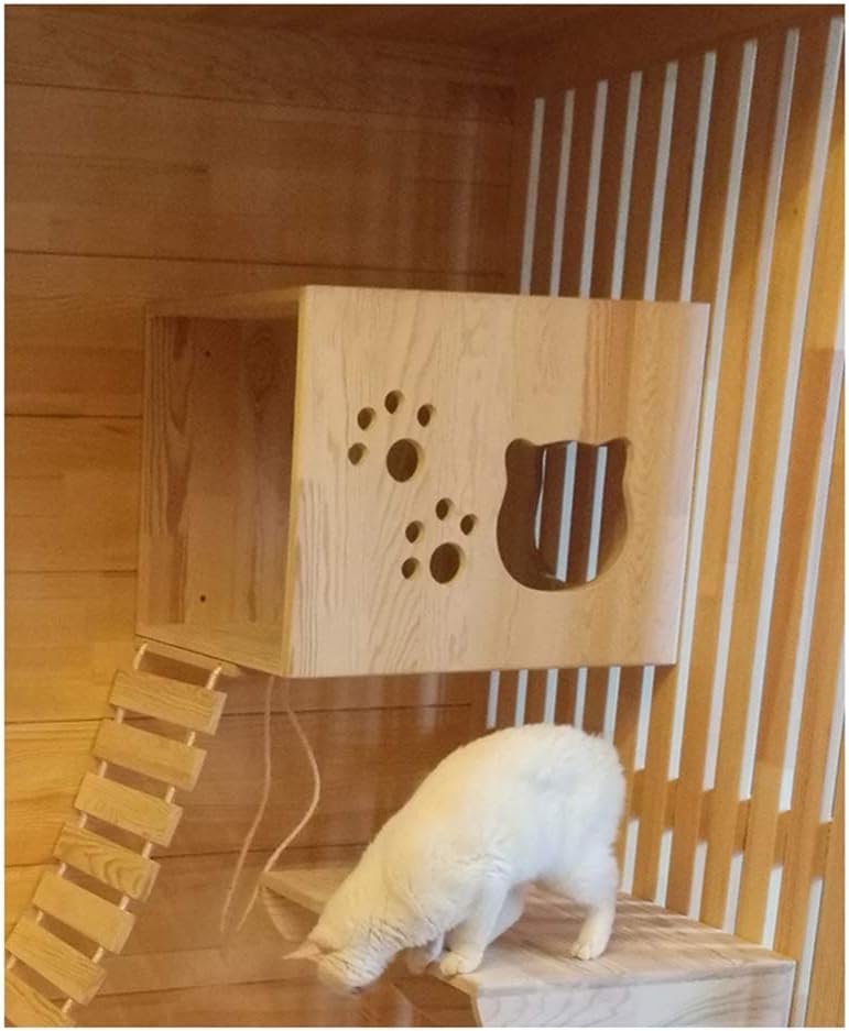キャットタワー カバードハウス付きの屋内猫のために大きな木製の猫ハウスロッジラウンジチェア眠れるベッドハウス活動センター玩具クライマ 【配置】