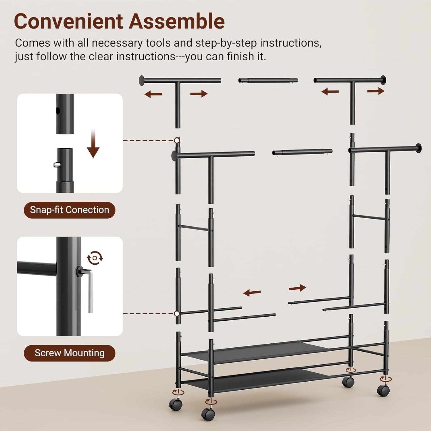 SLEEPING LAMB 44" Double Rods Clothes Rack for Hanging Clothes, Sturdy Wardrobe Clothing Rack with 3 Tier Shelves, Portable Rolling Garment Rack With Wheels for Bedroom, Laundry Living Room, Black