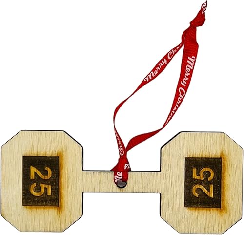 Miniatura 7 de Juego de 4 adornos de madera para árbol de Navidad para levantamiento de pesas, incluye placa de peso, barra, pesa rusa y mancuerna, grabado con