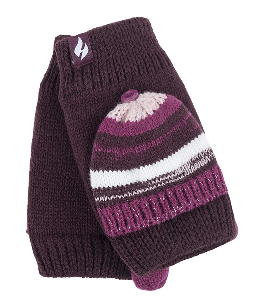Heat Holders Women's Burgundy Striped Fleece Lined Thermal Knitted Converter Mitten Gloves In