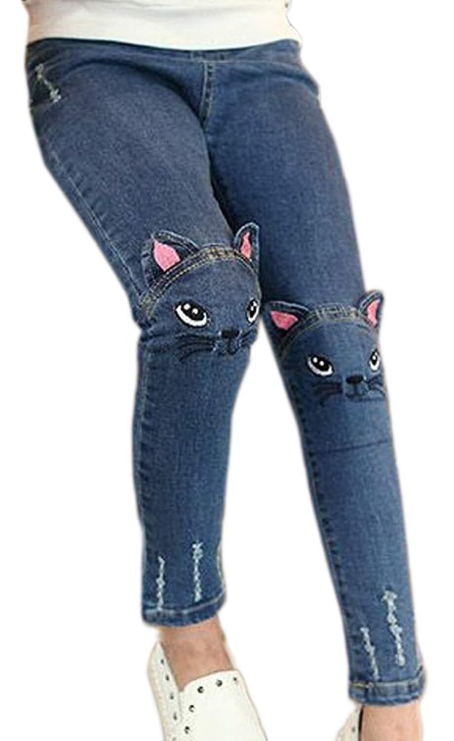 Big Girls Kids Distressed Ripped Hole Teens Jean Blue Cat Slim Denim Pants