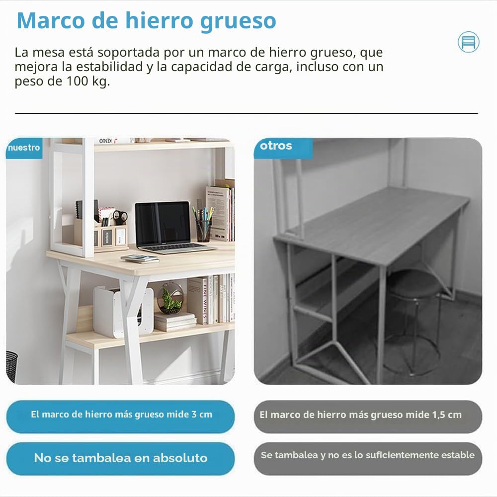 Escritorio de 80 x 50 cm, escritorio de ordenador de 4 niveles con espacio de almacenamiento, mesa de PC para oficina en casa, estudio, dormitorio, blanco y beis claro