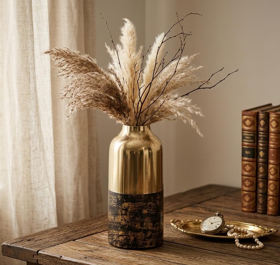 Gold Metal Table Vase 18 cm | Elegant Antique Gold & Black Finish | Decorative Flower Vase for Living Room, Bedroom & Home Decor | Stylish Tabletop Centerpiece (Flowers Not Included)-image-15