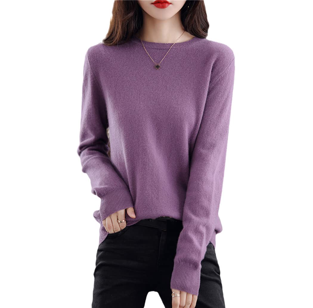 Maglioni da donna Casual O-Collo Solido Autunno Inverno Donna Cashmere Maglioni, Viola, XL