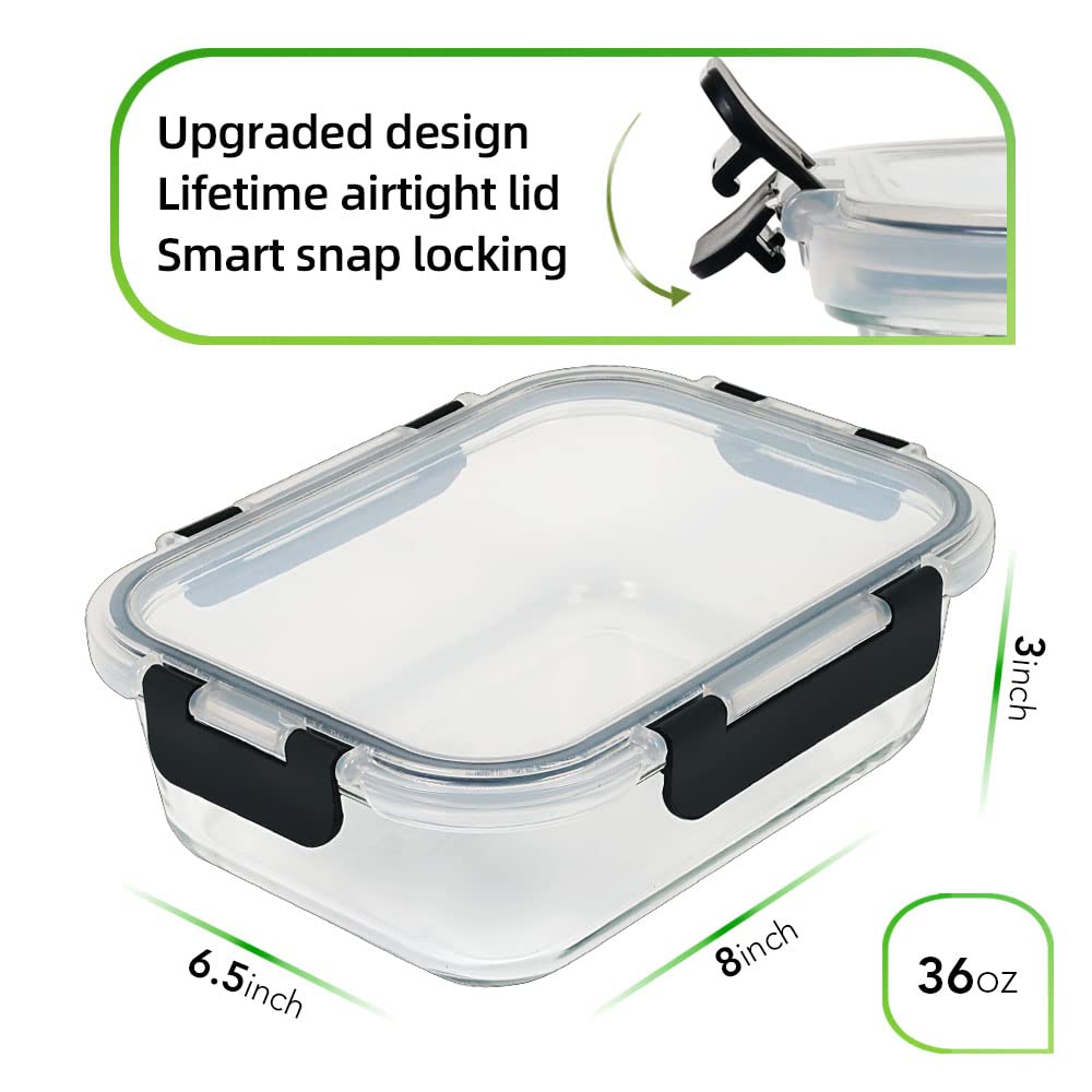 DAS TRUST [5-Packs, 36 Oz Glass Meal Prep Containers with Snap Locking Lids Glass Food Containers,Airtight Lunch Container,Microwave, Oven, Freezer and Dishwasher (4.5 Cup, Black)