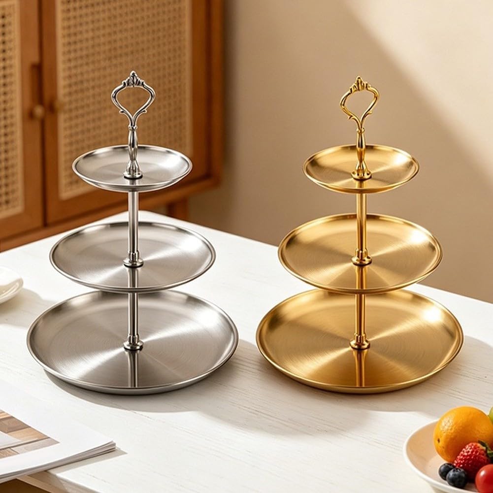 Présentoir à gâteau rond à 3 étages en acier inoxydable pour cupcakes et collations, plateau à gâteau empilable pour mariage, anniversaire, fête, facile à nettoyer, doré/argenté (or)
