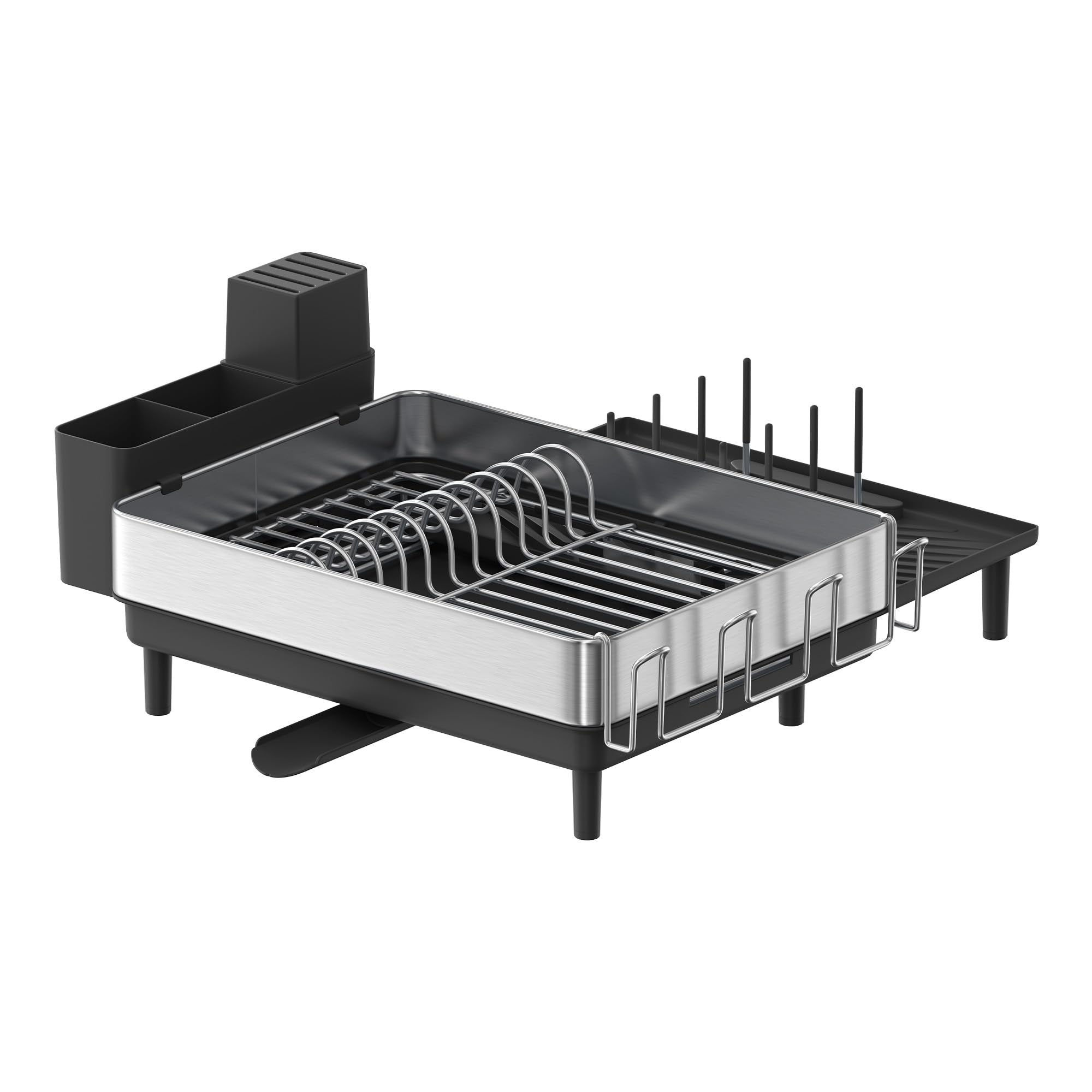 SONGMICS Égouttoir à Vaisselle, Support Extensible pour Sécher la Vaisselle, Support de Vaisselle de Cuisine en INOX avec Bec Tournant, Porte-Ustensiles, Porte-Planche, Argent et Noir KCS037B01
