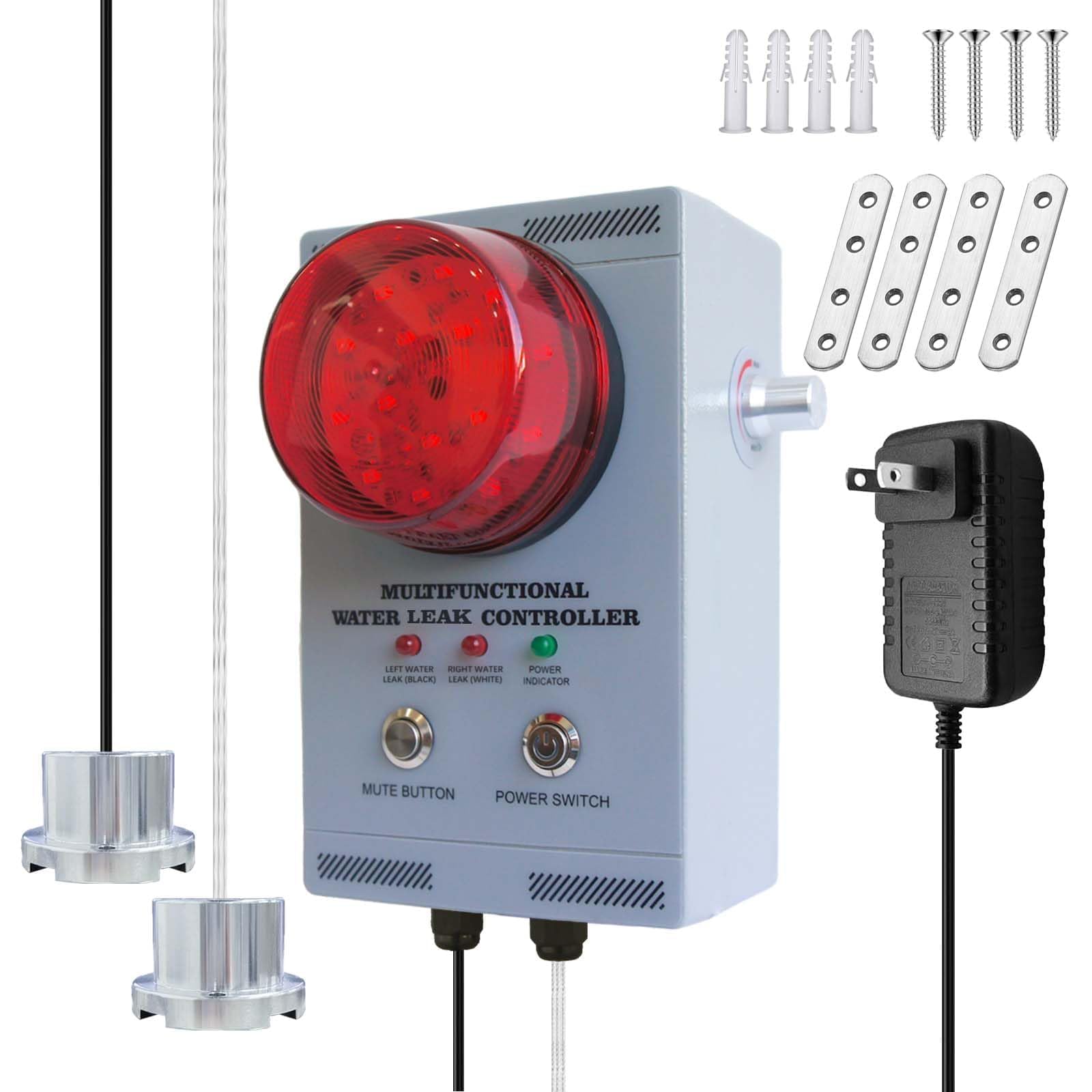 Alarma Profesional de Fuga de Agua, Detector con Doble sonda, Alarma 120dB Ajustable Sonora/Visual, Cable 10m, Totalmente metálico para Bomba de sumidero/sótano/fosa séptica/Pozo/fábrica/almacén