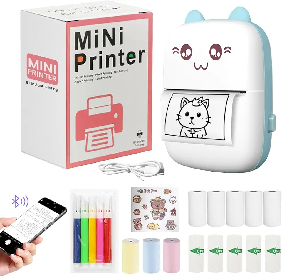 Mini impressora portátil, impressora de adesivos sem tinta portátil com 8 rolos de papel, impressora térmica Bluetooth para diário, fotos e presentes