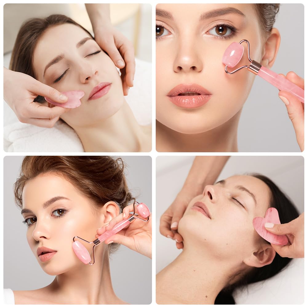 URAQT Jade Gua Sha deska i wałek do twarzy zestaw – kwarcowy jadeitowy masażer twarzy, narzędzie zapobiegające starzeniu się, do twarzy, oczu, szyi (różowy)