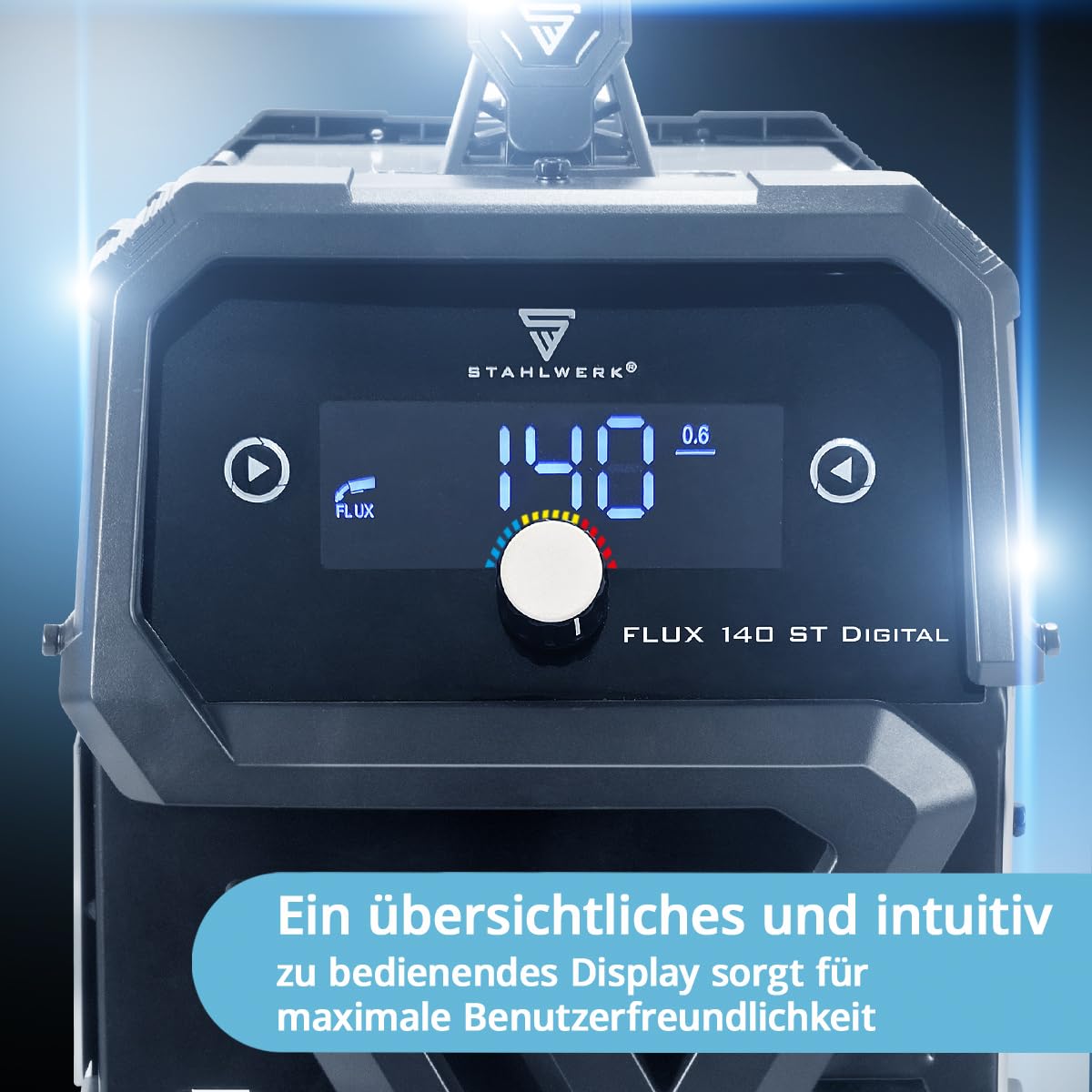 STAHLWERK Schweißgerät FLUX 140 ST Digital – Fülldrahtschweißen ohne Schutzgas bis 140 A, kompakt, synergischer Drahtvorschub, integriertes LED-Licht, Lift-TIG- & MMA-Funktion (E-Hand/ARC), IGBT