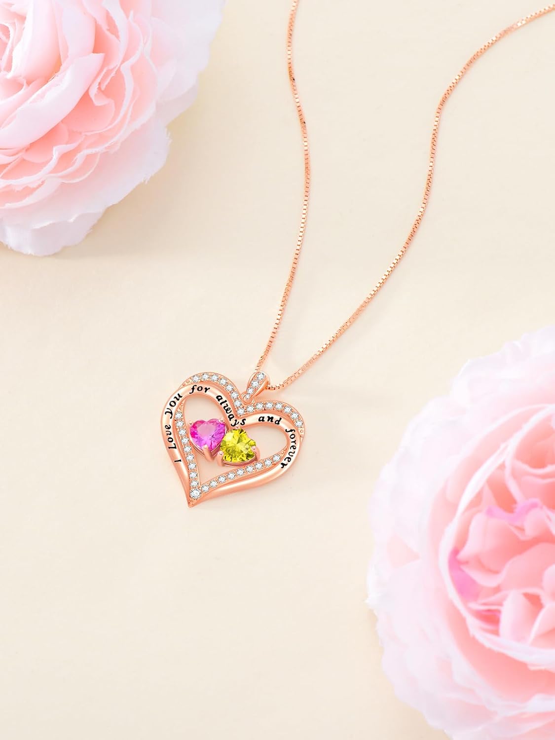Rose Gold Heart Necklace with 12 Months Birthstone Necklace Birthday Gifts image 3