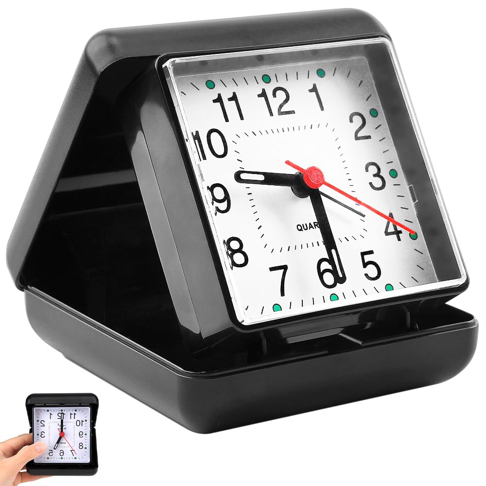 SKJJM Travel Alarm Clock Folding Design, Quartz Travel Alarm Clock Battery Operated Bedside Silent Clock, Portable No Ticking Clocks with Clear Arabic Numbers for School Bedside Travel OfficeDesk Camp