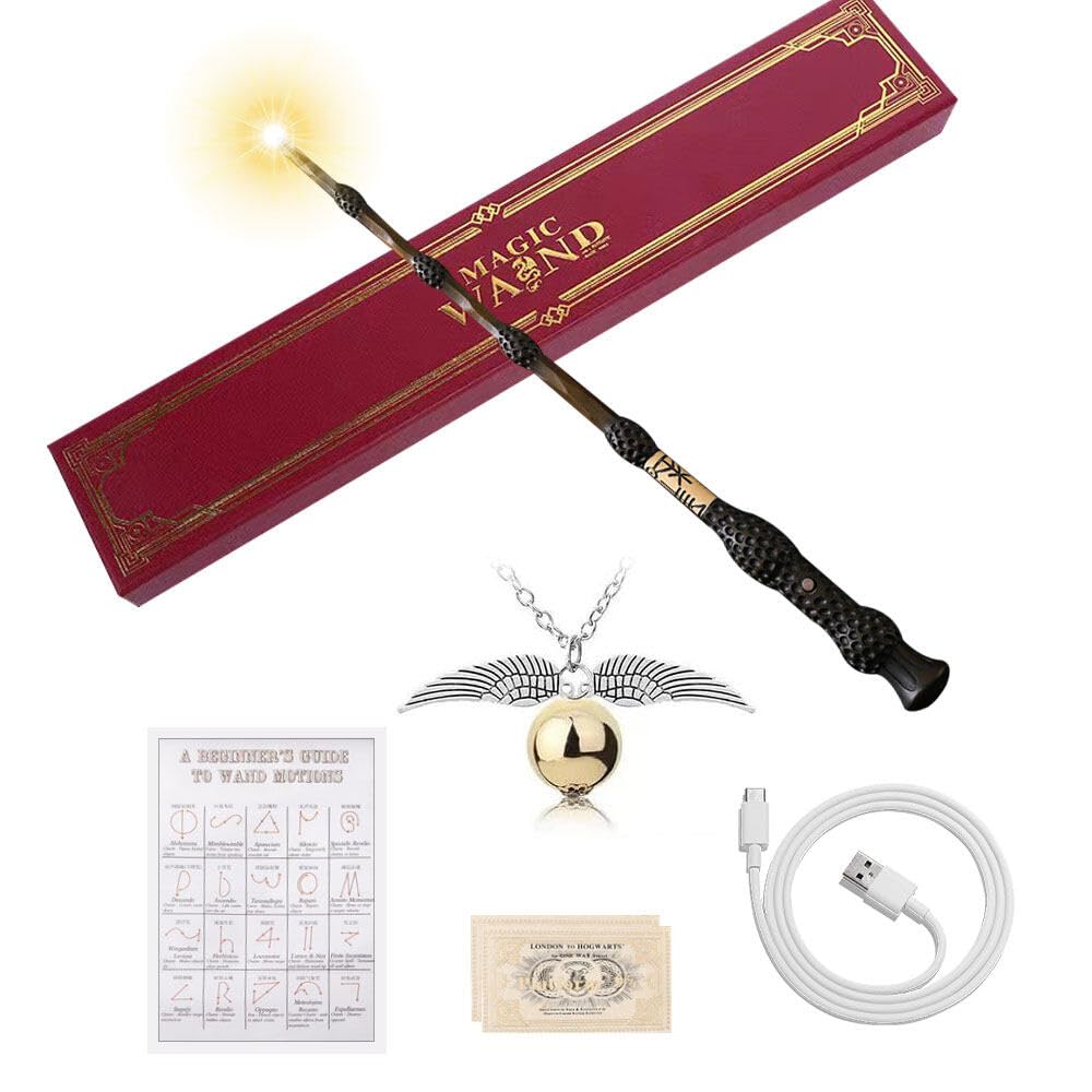 XPJBKC Dumbledore Wand, 37CM Harry Potter Elder Wand Light Up, USB Charging Elder Wand Harry Potter, Dumbledore Wand in Gift Box with Spell Card, Station Ticket and Necklace