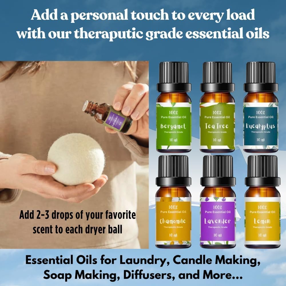 Essential Oils for Laundry + White Wool Dryer Ball Set, 4 White Dryer Balls & Essential Oil Set Bundle, 6 Most Popular Pure Therapeutic Grade Oil Set, and Organic Wool Dryer Ball Set