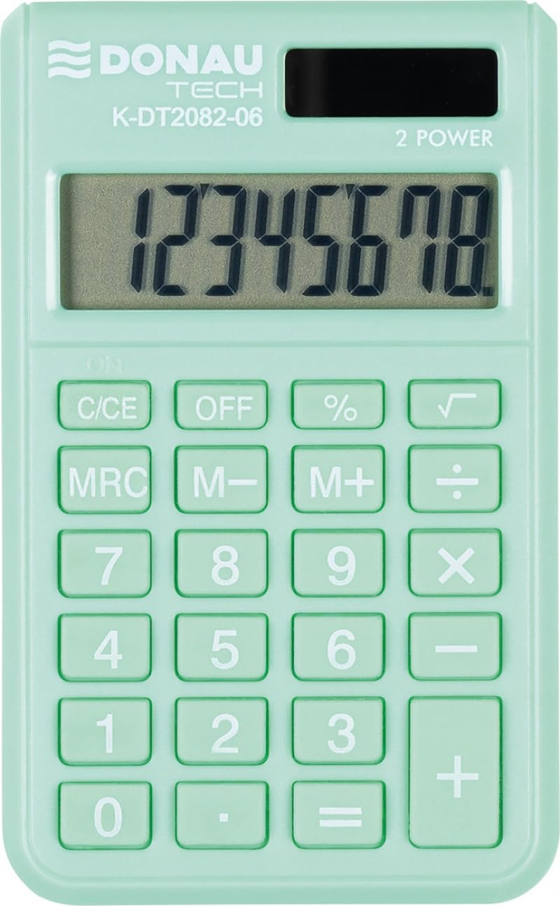 Donau TECH/K-DT2082-06 Calculator 8-Digit Root Function 97 x 60 x 10 mm Colour: Green/Calculator with 8-Digit Display/Dual Power Solar - Battery Operated/Compact Design