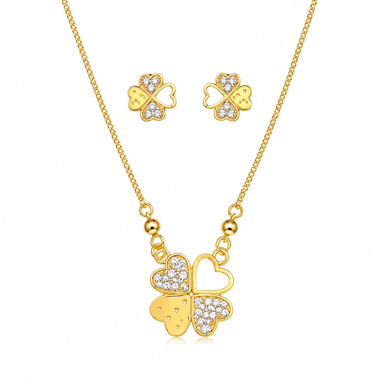 Elegant gold-plated clover necklace and earrings set adorned with sparkling crystal stones. Lightweight, stylish, and perfect for daily wear, parties, weddings, and gifting. A timeless accessory that adds charm and sophistication to any outfit.-image-4