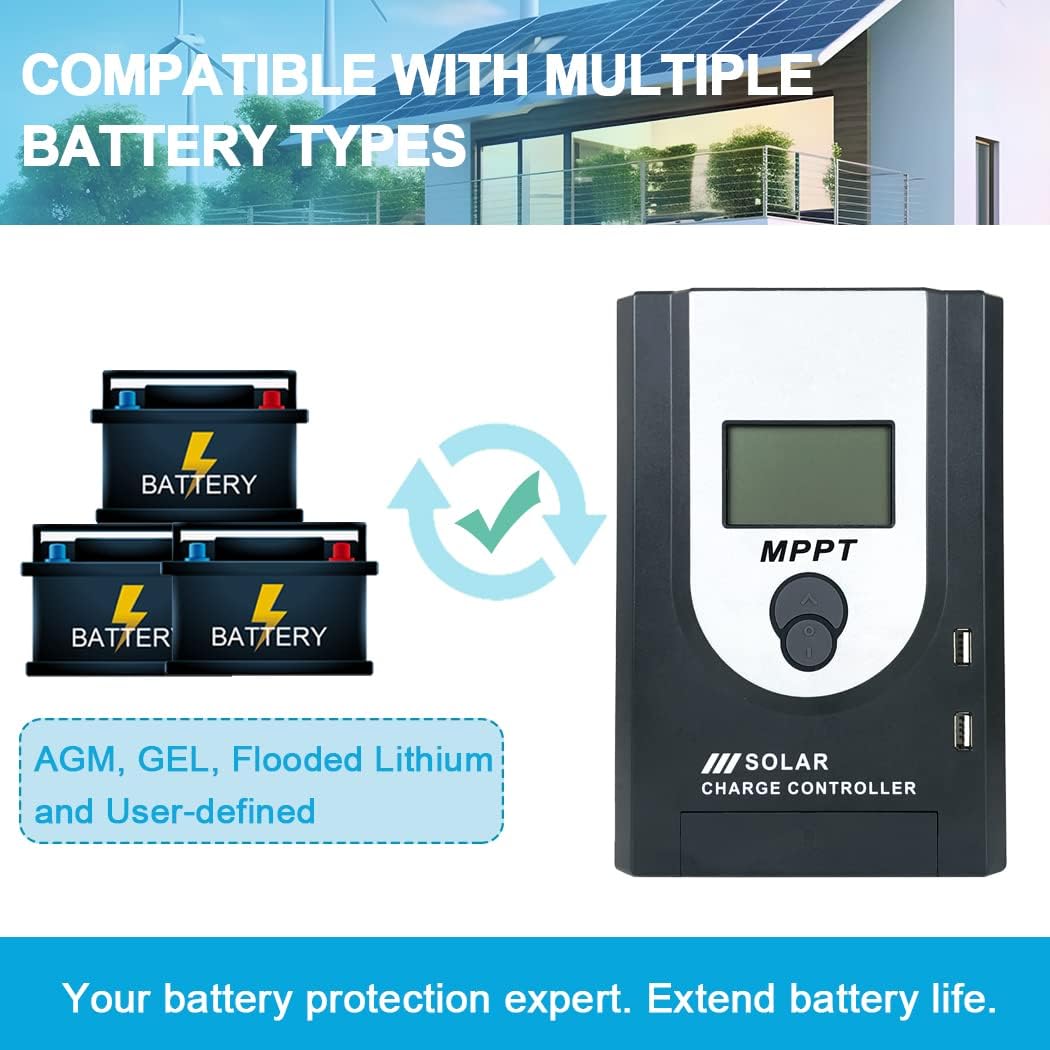 Image showing the solar charge controller compatible with multiple battery types: AGM, GEL, Flooded Lithium, and User-defined.