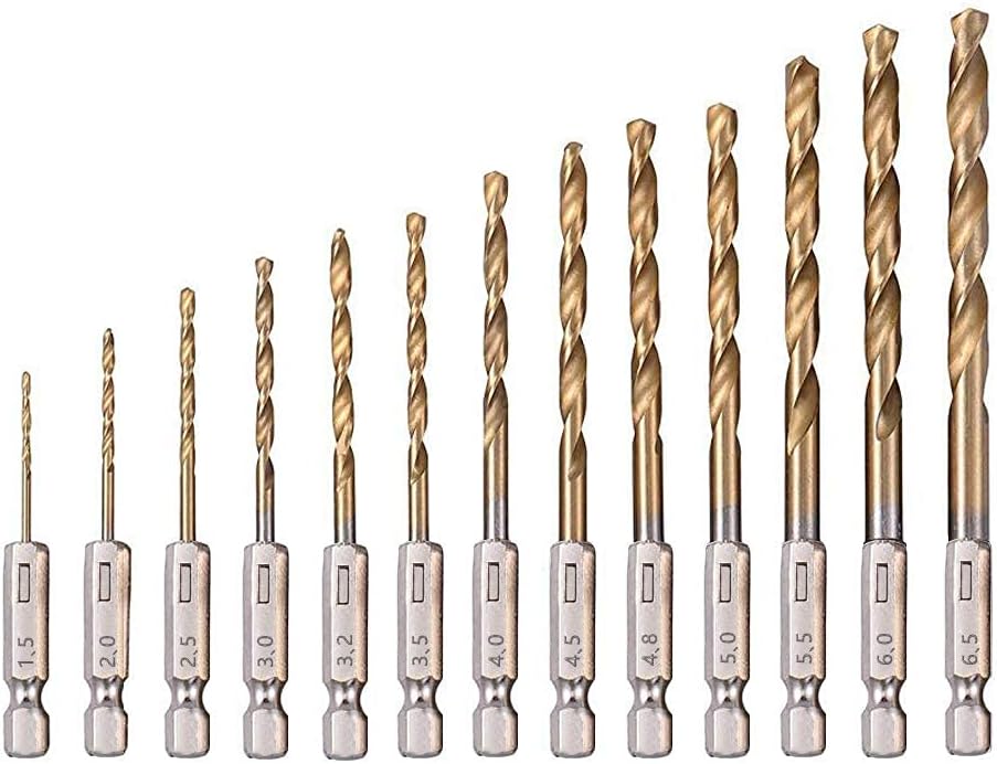 Twist Drill Bit Set, 1/4” Hex Shank, Titanium Coated(1.5mm-6.5mm), Smooth Drilling, Quick Change Drill Bits For Steel, Wood, Plastic, Aluminium (13PCS)