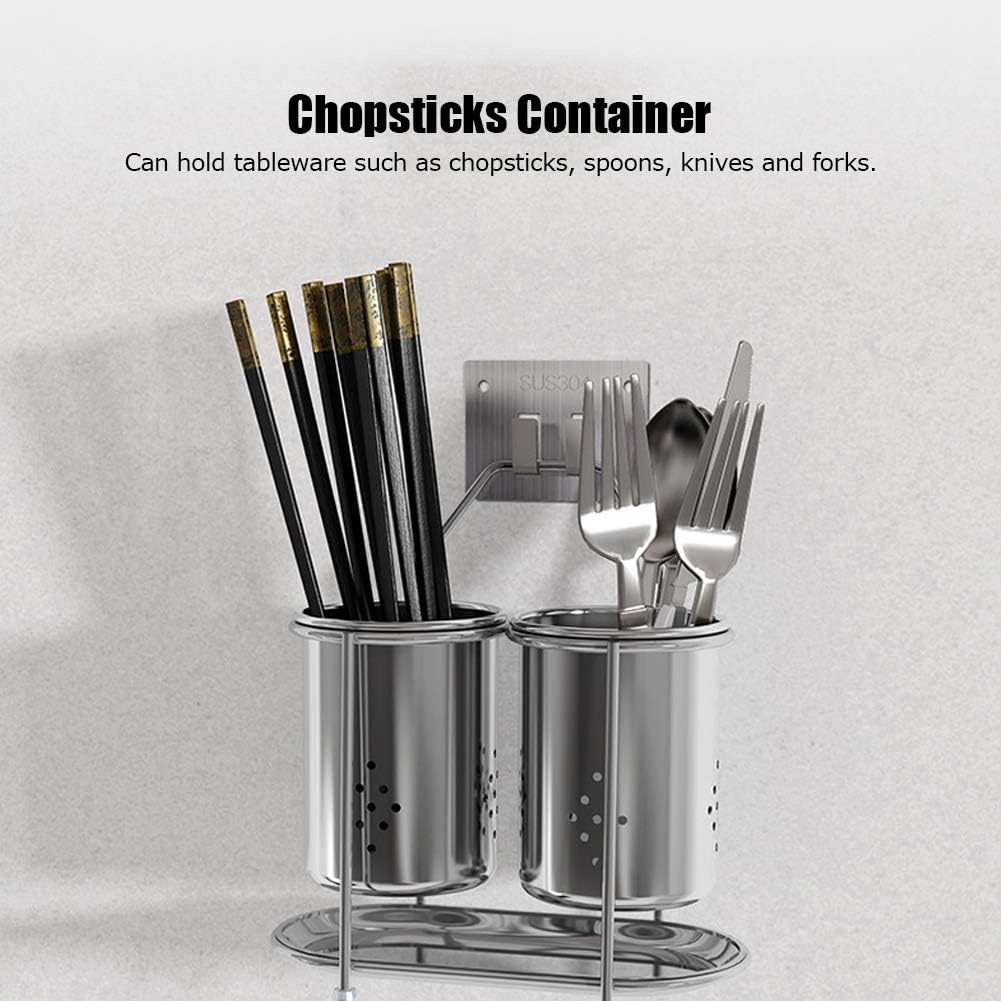 Wall Mounted 304 Stainless Steel Chopsticks Spoon Storage Drain Rack Basket, Utensils Holder, Multifunctional Cutlery Draining Box with Water Tray, No need to punch holes Insta