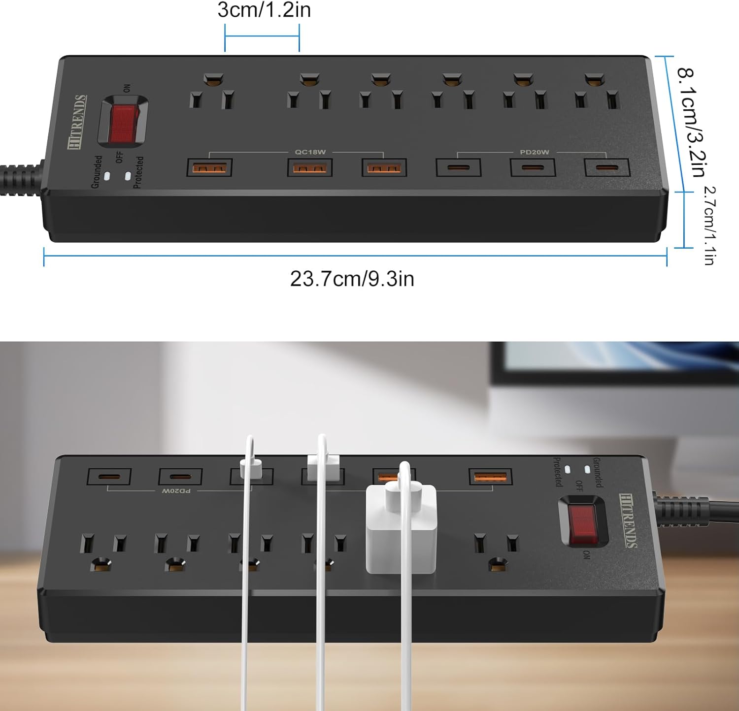 Power Strip, HITRENDS Surge Protector with 6 AC Outlets & 6 USB Ports (3 USB-C & 3 USB-A), 20W PD Fast Charging USB-C, 6 Ft Flat Plug Extension Cord with Multiple Outlet, 1625W/13A, for Home Office