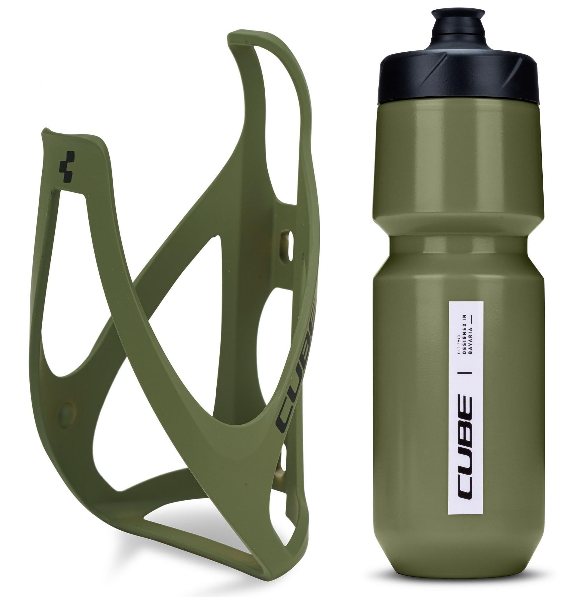 Cube HPP Cage - Matt Olive & Flow Bottle - Olive, 750ml / Water Drink Flask Vessel Bidon Holder Mount Bracket Kit Lightweight Plastic Drinking Hydration Biking Bike Riding Frame Accessories — image 1