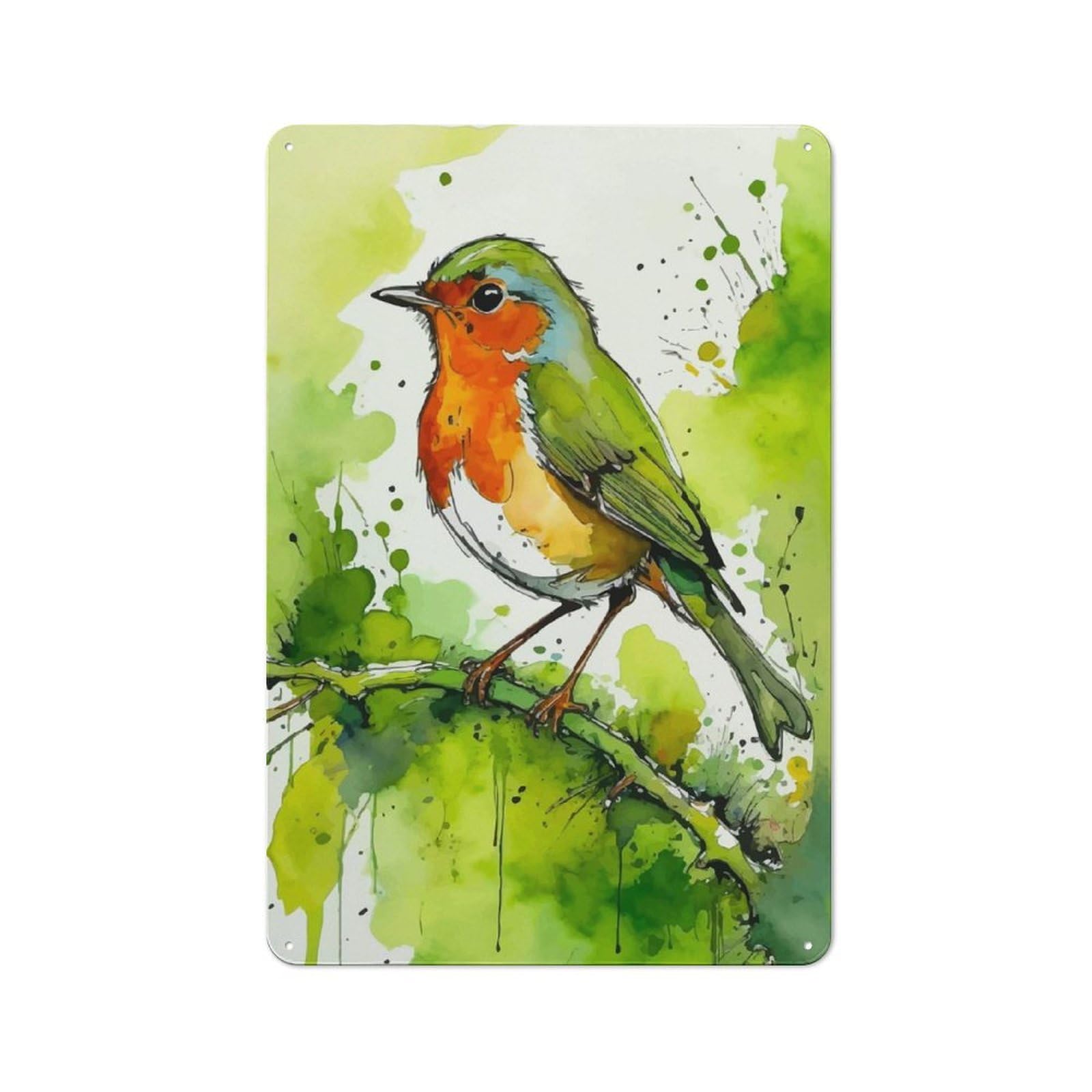 Metal Sign 30x20cm with Watercolor Robin on Branch for Hallway Wall, Vintage Decor, for Vintage Wall Decor Fans, for Themed Room Decoration