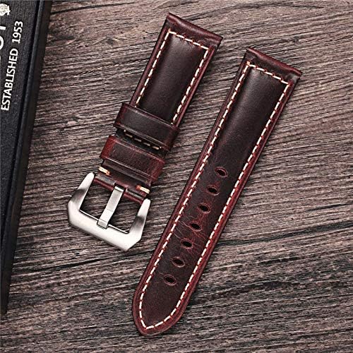 xiumei 24mm Cowhide Oil-Tanned Leather Watch Band Replacement Watch Strap Steel Buckle-Red Brown Watch Band