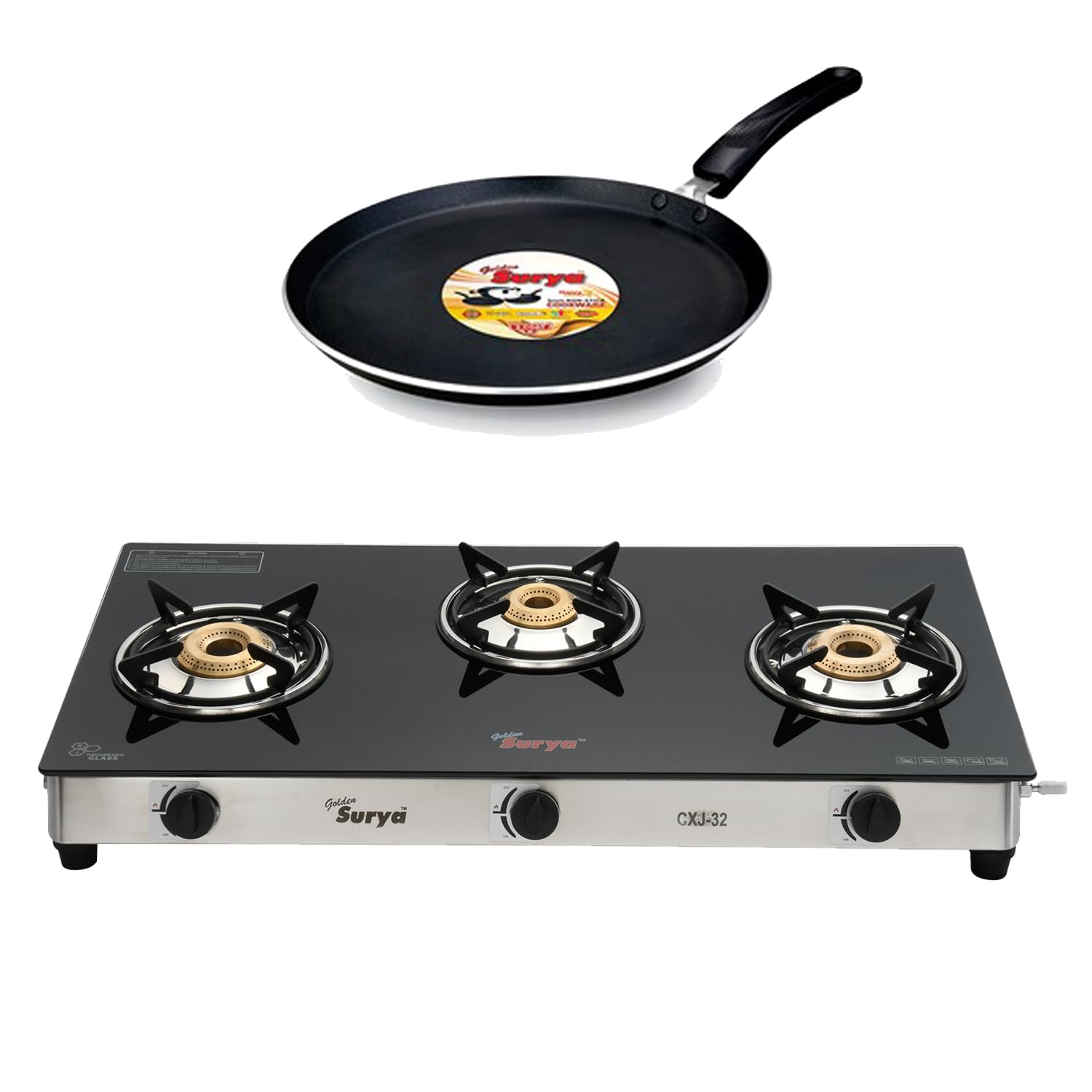 3 Burner Gas Stove, Toughened Glass Top Stainless Steel Body Frame 3 Brass Burners Gas Stove, 3 Year Warranty, (ISI Certified)- Gas Stove 3 Burner (CXJ-32-SS-TAWA)-image-32