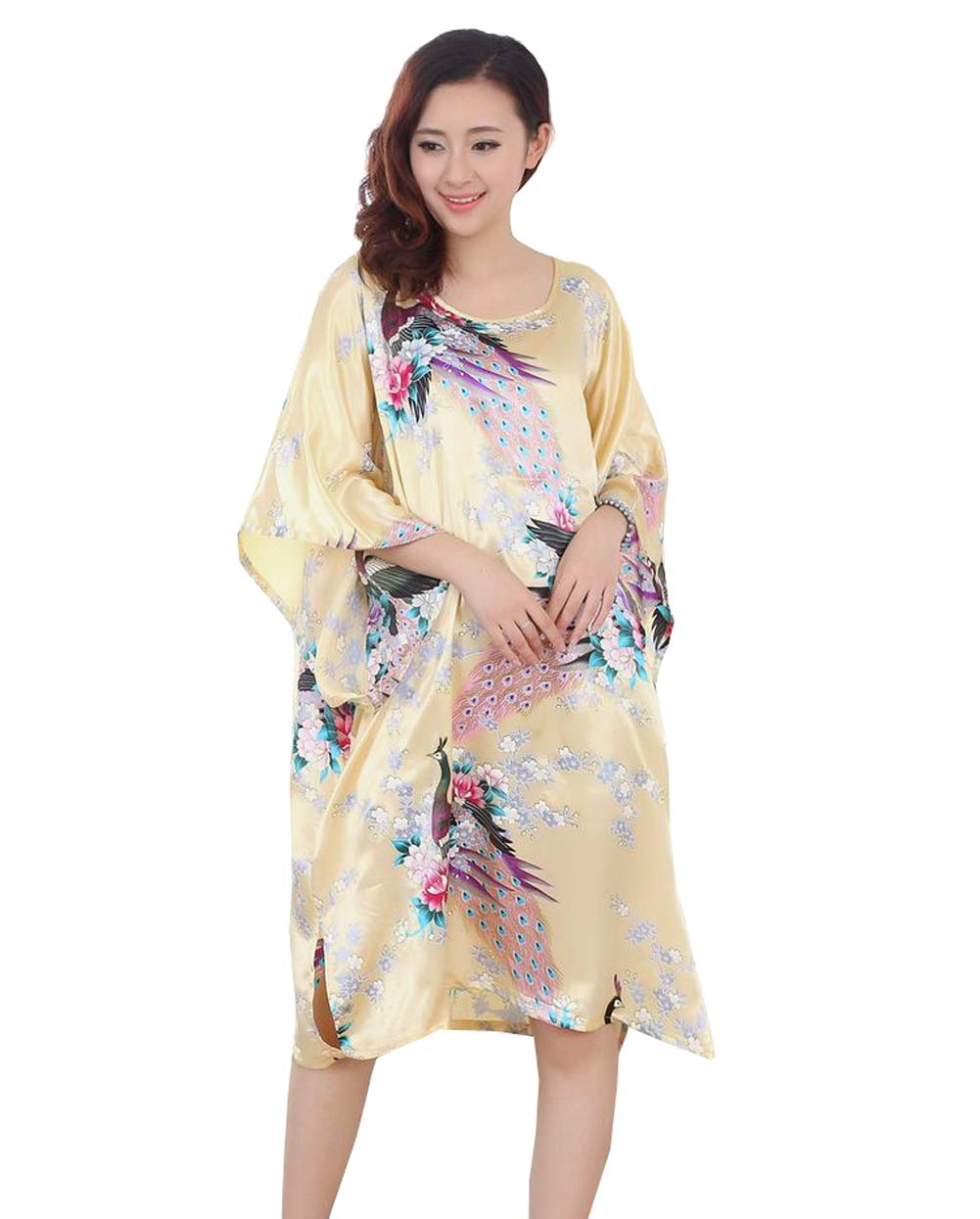 XueXian Women's Flower Printed Satin Nightgown Sleepwear Loose Pullover Bathrobe Kimono Dress Nightdress Homewear (Yellow Peacock)