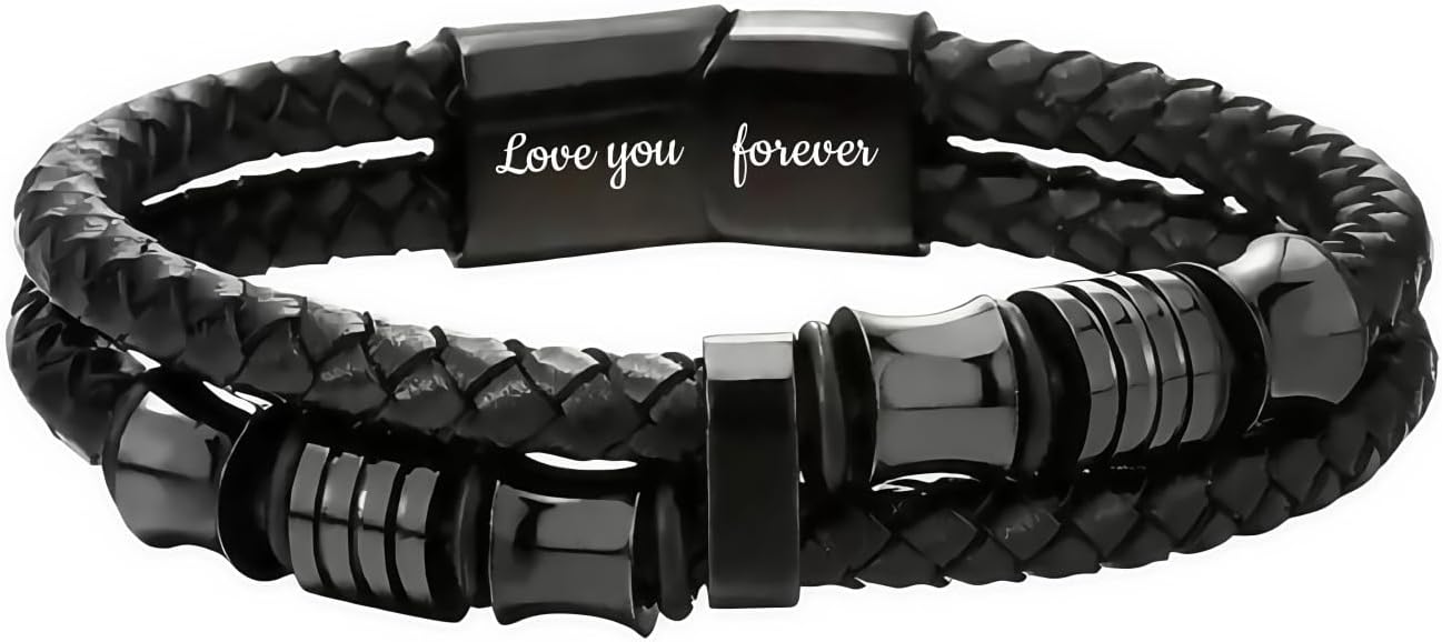 Mens Black Leather Bracelet- Stainless Steel Engraved Love You Forever Jewelry, Christmas Gifts for Men
