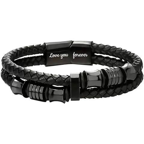 Mens Black Leather Bracelet- Stainless Steel Engraved Love You Forever Jewelry, Chr...