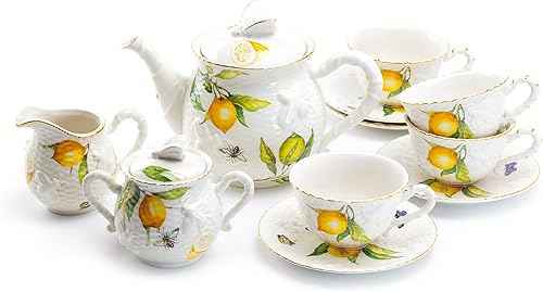 Lemon Bee - Juego de té de porcelana fina (11 piezas)