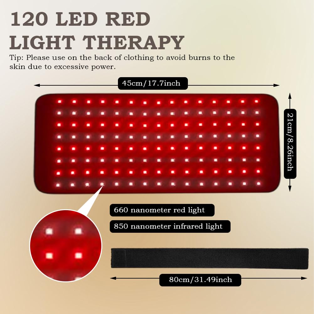 Cinturón de terapia de luz roja con 120 ledes, 5 niveles de vibración, masaje con modo de pulso de 10 Hz, terapia de luz infrarroja para el dolor de espalda, hombros y cintura