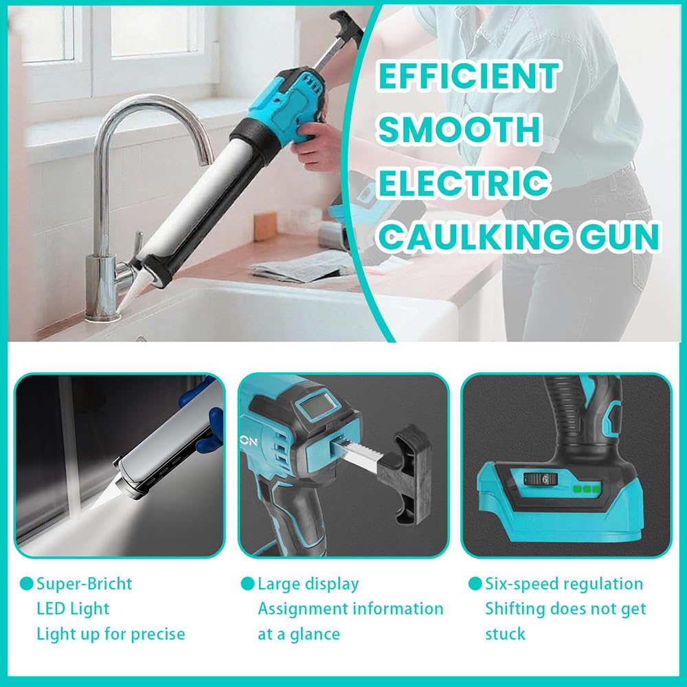 Akku Kartuschenpresse,Ersatz für Makita 18V Akku, 300ml Elektrische Silikonpistole, 6 Geschwindigkeiten, LED Licht, Anti-Tropf-System für Dichtstoff, Montagearbeiten (Ohne Akkus)