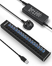 Powered USB Hub RSHTECH 16 Port 100W USB 3.0 Data Hub Aluminum USB Port Expander with Individual On/Off Switches and 12V/8.3A Power Adapter (RSH-A16)