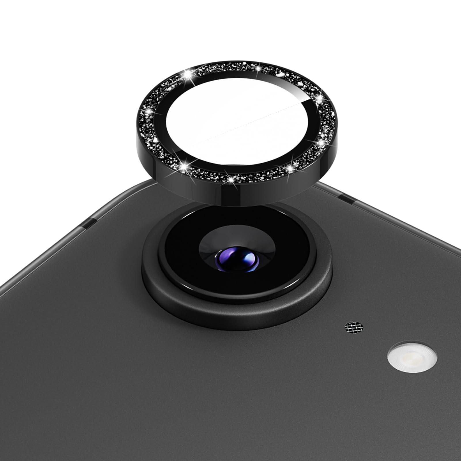 Podick カメラ保護フィルム iPhone 17E / 16E 用 カメラカバー キラキラ 9H強化ガラス アルミ合金 耐衝撃 いphone17E カメラ保護 高透過率 黒縁取り フラッシュ干渉なし 取付ガイド枠付き 貼り付け簡単 アイフォン17E 16E 対応 独立型レンズプロテクター ブラック(17E/16E,Black)