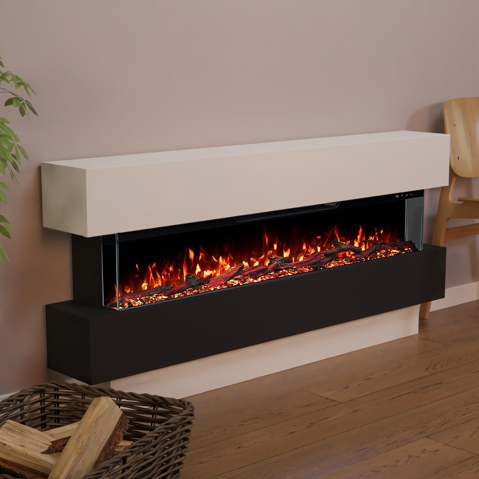 GF Core - Camino elettrico Clear 50 con realistico fuoco a LED 3D, camino elettrico con riscaldamento e fuoco, controllo app, effetto crepitante e timer, max. 1800 W, 149 x 69 x 21 cm, bianco