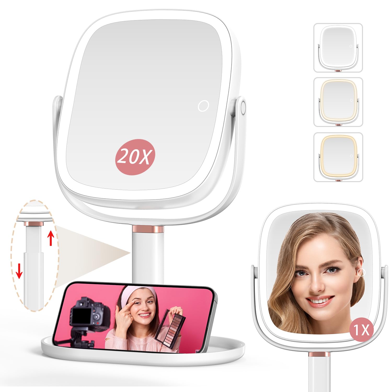 Mocado Makeup Mirror with Lights, 1X/20X Magnifying Mirror with Light, Vanity Mirror with 3 Colors Lights, Height Adjustable Lighted Makeup Mirror, Double Sided 360°Rotation, Memory Function (White)