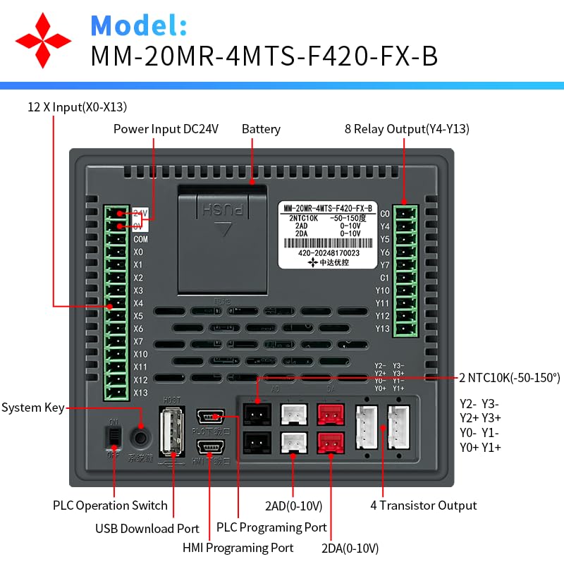Image of 4 Inch PLC HMI All in One Integrated Programmable Logic Controller, FX1S-20MR with 12 Input 8 Relay Output, Built-in 2AD and 2DA, 2 Temparature NTC10K, 2 High Speed 100KHz (F420-FX-B)