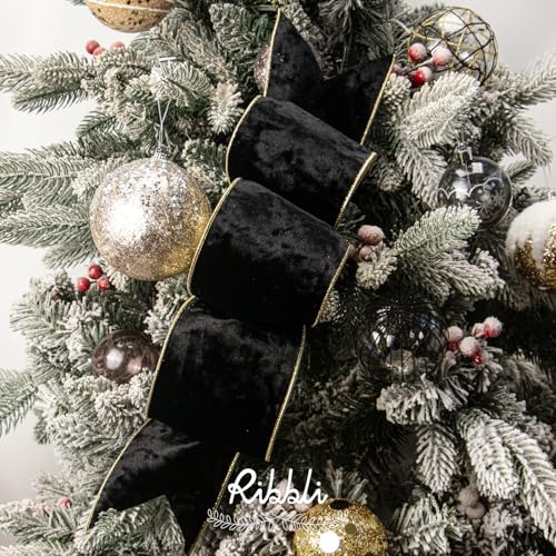 Image of Ribbli Black Velvet Wired Ribbon 4 Inch Metallic Black Gold Crushed Velvet Christmas Ribbon for Gift Wrapping Christmas Tree Decoration Crafts Wreaths Supplies-Continuous 10 Yards