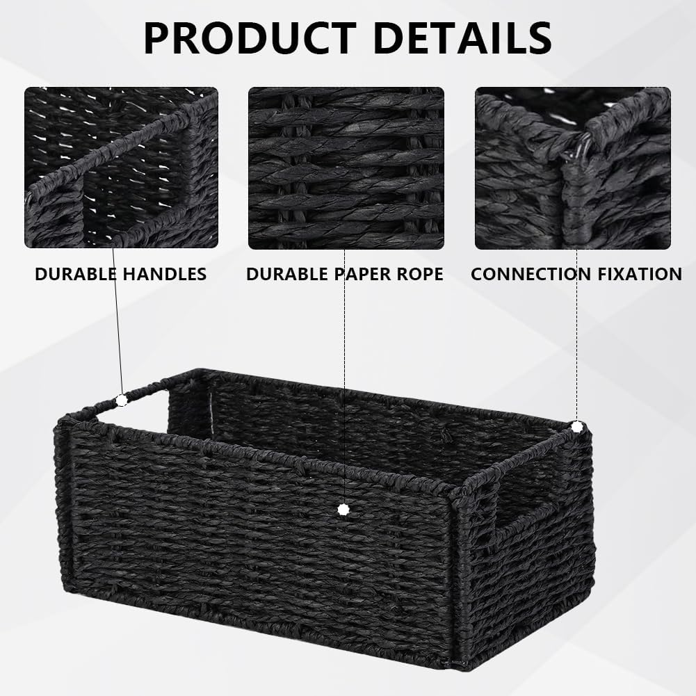 Small Wicker Baskets, Wicker Woven Storage Basket Toilet Paper Baskets with Handles, Towel Basket for Bathroom Organizing Shelves (Black)