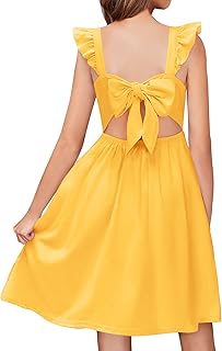 Girls Summer Dresses Square Neck Ruffle Sleeve Tie Back A-Line Swing Casual Midi Dress with Pockets - Buy now