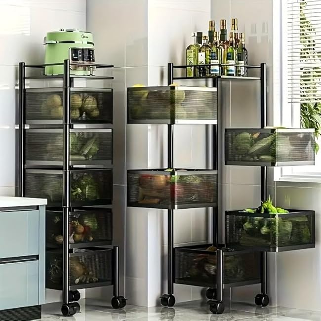 5-Tier Rotating Kitchen Storage Shelf - Square Metal Multi-Layer Fruit Vegetable Basket Organizer on Wheels,Freestanding Storage Rack for Kitchen, Bathroom, Pantry(Black)-eEjM6lRX