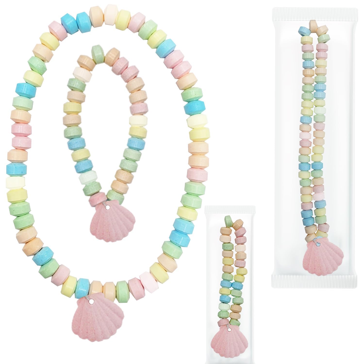 Sea Shell Candy Bracelete and Necklace, Stretchable Multicolor Fruit-Flavored Chewables for Party Favors (96-Pack)