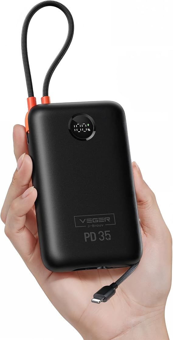 VEGER Power Bank 20000mAh, 35W PD Portable Charger with Built-In Cables, LED Display, 4 Ports Fast Charging Battery Pack for iPhone Series, Samsung Galaxy, iPad, and More