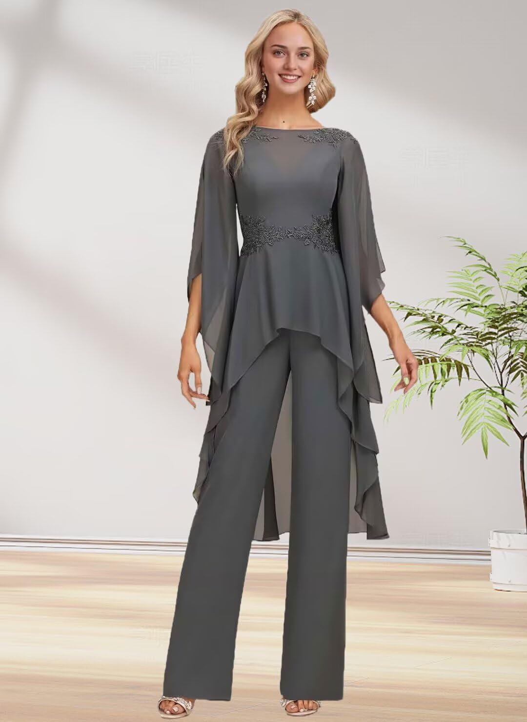 2 Pieces Chiffon Mother of The Bride Pant Suits for Wedding Lace Appliques Formal Outfits Ruffle Sleeve Pantsuits - Image 2